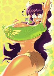 Rule 34 | absurdres, animal print, ass, breasts, brown shorts, cargo pants, cleavage, coke-bottle glasses, cow horns, cow print, eyebrows, glasses, green shirt, grin, hardkoba, highres, horns, huge ass, huge breasts, large breasts, midriff, motion lines, musical note, original, pants, purple hair, shirt, shorts, smile, thighs, wavy hair, yellow background
