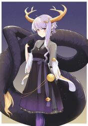 Rule 34 | 1girl, antlers, arm behind back, asymmetrical hair, black dress, black gloves, blonde hair, blush, breasts, cevio, closed mouth, dragon girl, dragon horns, dragon tail, dress, feet out of frame, fur-tipped tail, gloves, gradient background, gradient dress, grey background, hair ornament, hairclip, half gloves, hand up, highres, horns, layered dress, light particles, looking at viewer, multicolored eyes, multicolored hair, outside border, pantyhose, pointy ears, purple background, purple dress, purple eyes, purple hair, purple pantyhose, scales, scar, scar on face, see-through, see-through dress, see-through sleeves, shawl, short hair with long locks, short sleeves, smile, solo, standing, streaked hair, tail, two-tone hair, vocaloid, voiceroid, yellow background, yellow eyes, yellow horns, yuzuki yukari, yuzuki yukari (rei), zooanime