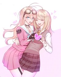 Rule 34 | 2girls, absurdres, ahoge, akamatsu kaede, bare legs, beige neckwear, black collar, blonde hair, blue eyes, blue neckerchief, blue ribbon, blush, breasts, cleavage, closed eyes, collar, commentary, danganronpa (series), danganronpa v3: killing harmony, finger touching, fingerless gloves, fortissimo, gloves, goggles, goggles on head, grabbing, hair between eyes, hair ornament, hand on own chest, heart, heart background, highres, iruma miu, jacket, large breasts, laughing, long hair, multiple girls, musical note, musical note hair ornament, neckerchief, necktie, neckwear request, open mouth, pink jacket, pink skirt, purple skirt, ribbon, school uniform, shirt, skirt, teeth, user sumd2753, white background, white shirt, yellow necktie