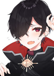 Rule 34 | 1boy, abe suke, absurdres, arm up, black cape, black hair, black shirt, blush, cape, copyright request, cross, ear piercing, earrings, fang, flying sweatdrops, hair over one eye, highres, jewelry, latin cross, male focus, open mouth, piercing, red cape, red eyes, shirt, simple background, solo, stud earrings, sweat, virtual youtuber, white background