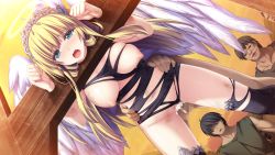 Rule 34 | 1girl, 4boys, agnes (sankai ou no yubiwa), angel, bdsm, blonde hair, blue eyes, blush, bondage, bound, breasts, censored, clothed sex, cum, cum in pussy, eushully, green eyes, hair ornament, halo, humiliation, large breasts, long hair, looking at viewer, multiple boys, onlookers, open clothes, open mouth, pillory, prisoner, public indecency, public use, rape, restrained, sankai ou no yubiwa, sex, stationary restraints, torn clothes, wings