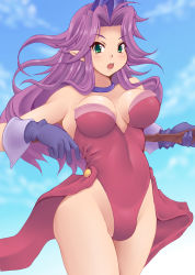 Rule 34 | 1girl, angela (seiken densetsu 3), bare legs, black gloves, blush, breasts, breasts apart, cameltoe, cleavage, covered navel, cowboy shot, crown, day, gloves, green eyes, hair between eyes, hair intakes, hat, highres, holding, holding staff, jewelry, kihaiu, large breasts, legs together, leotard, long hair, looking at viewer, neck ring, open mouth, outdoors, pointy ears, purple hair, purple hat, red leotard, seiken densetsu, seiken densetsu 3, solo, staff, thighs, very long hair