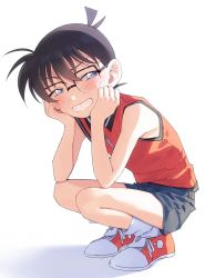 Rule 34 | 1boy, black-framed eyewear, blue shorts, brown hair, child, commentary request, edogawa conan, from side, glasses, grin, hair between eyes, hands on own cheeks, hands on own face, happy, highres, k (gear labo), looking at viewer, male focus, meitantei conan, red shirt, shirt, shoes, shorts, simple background, sleeveless, sleeveless shirt, smile, sneakers, socks, solo, squatting, teeth, white background, white socks
