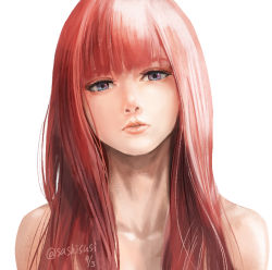 Rule 34 | 1girl, blue eyes, blunt bangs, collarbone, dated, hair over shoulder, long hair, looking at viewer, nude, original, parted lips, pink hair, portrait, simple background, solo, straight hair, sushi (sashimise), twitter username, white background