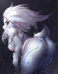 Rule 34 | 1girl, ass, bent over, blue eyes, blush, body fur, body markings, breasts, female focus, from behind, furry, furry female, healingpit, highres, kindred (league of legends), lamb (league of legends), league of legends, looking back, nipples, nude, sidelocks, silver hair, solo, tail, thighs