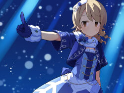 Rule 34 | 1girl, blue bow, blue dress, blue gloves, blue jacket, bow, brown eyes, closed mouth, cropped jacket, dress, fur-trimmed gloves, fur trim, gloves, idolmaster, idolmaster cinderella girls, index finger raised, jacket, light brown hair, long hair, looking at viewer, morikubo nono, outstretched arm, ringlets, short sleeves, snowflakes, solo, uccow