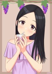 Rule 34 | aged down, black hair, blush, brown background, brown eyes, commentary request, commission, cup, drinking straw, expressionless, food, frilled shirt, frills, fruit, grapes, hands up, highres, hiiragi shino, holding, holding cup, idolmaster, idolmaster cinderella girls, juice, leaf, long hair, looking at viewer, off-shoulder shirt, off shoulder, parted bangs, purple shirt, shirt, short sleeves, skeb commission, solo, upper body, wgm oekaki