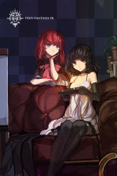 Rule 34 | 2girls, arm support, black gloves, black hair, black legwear, blue eyes, checkered background, collar, collarbone, copyright name, couch, dress, elbow gloves, gloves, highres, holding, long hair, multiple girls, pixiv fantasia, pixiv fantasia fallen kings, red hair, sitting, swd3e2, thighhighs, white dress
