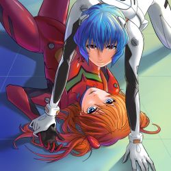 Rule 34 | 2girls, all fours, arm support, artist request, ayanami rei, blue eyes, blue hair, bodysuit, breasts, brown hair, curvy, floor, hair between eyes, headgear, highres, interface headset, lips, long hair, looking at viewer, lying, multiple girls, neon genesis evangelion, parted lips, plugsuit, red bodysuit, red eyes, shiny clothes, short hair, small breasts, souryuu asuka langley, two side up