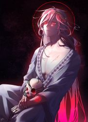 Rule 34 | 1boy, animal ears, blood, corruption, glowing, glowing eyes, glowing tattoo, highres, jewelry, long hair, looking at viewer, pink hair, plant, red eyes, ring, robe, signature, skull, space, tattoo, technoblade, vines, white robe