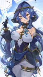 Rule 34 | 1girl, bare shoulders, black gloves, blue hair, breasts, brown eyes, catsmoon, commentary, cowboy shot, dress, genshin impact, gloves, hair between eyes, hand up, highres, hood, jewelry, large breasts, layla (genshin impact), long hair, looking at viewer, neck ring, pantyhose, parted lips, pointy ears, solo, standing, thighlet, very long hair, white pantyhose