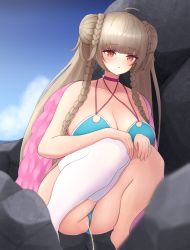 Rule 34 | 1girl, anus, azur lane, barefoot, bikini, bikini bottom aside, blue bikini, blush, braid, breasts, brown hair, cleavage, clothing aside, cloud, collarbone, double bun, feather boa, formidable (azur lane), formidable (the lady of the beach) (azur lane), hair bun, hair rings, hands on own knees, highres, large breasts, long hair, looking down, ocean, open mouth, oreon z, peeing, pussy, red eyes, rock, single thighhigh, sky, squatting, swimsuit, thighhighs, twin braids, twintails, uncensored, water, white thighhighs