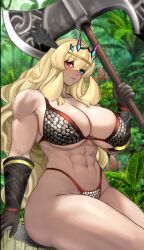 Rule 34 | 1girl, abs, absurdres, amazon (dragon&#039;s crown), armor, axe, bare shoulders, barghest (fate), battle axe, biceps, bikini, bikini armor, blonde hair, blue eyes, breasts, cleavage, cosplay, dragon&#039;s crown, fate/grand order, fate (series), forest, gloves, halberd, heterochromia, highleg, highres, holding, holding axe, horns, huge breasts, large breasts, long hair, looking at viewer, muscular, muscular female, nature, navel, obliques, polearm, raskasar, red eyes, sitting, solo, swimsuit, thick thighs, thighs, tree stump, weapon