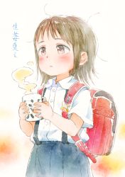 Rule 34 | 1girl, backpack, bag, bag charm, black skirt, blush, brown eyes, brown hair, charm (object), collared shirt, commentary request, cup, dress shirt, gomennasai, holding, holding cup, looking away, mug, original, parted lips, pleated skirt, randoseru, shirt, short sleeves, skirt, solo, steam, suspender skirt, suspenders, translation request, white shirt