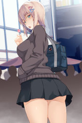 Rule 34 | 1girl, aqua eyes, ass, bag, black skirt, blouse, blush, breasts, brown hair, brown sweater, candy, commentary request, faceless crowd, food, girls und panzer, hair ornament, hairclip, hand in pocket, heart, heart hair ornament, highres, holding, holding candy, holding food, holding lollipop, itsumi erika, lollipop, looking back, medium breasts, medium hair, nakamura yukitoshi, open mouth, pleated skirt, school bag, shirt, sideboob, skirt, solo, standing, sweater, white shirt