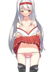 Rule 34 | 10s, 1girl, bare shoulders, blush, boots, breasts, brown hair, clothes lift, hairband, japanese clothes, kantai collection, long hair, looking at viewer, panties, sentou, shoukaku (kancolle), side-tie panties, skirt, skirt lift, solo, thigh boots, thighhighs, traditional clothes, underwear, white hair