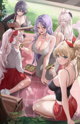 Rule 34 | 5girls, absurdres, acoustic guitar, arm support, barefoot, basket, beret, black shorts, black tank top, blanket, blonde hair, blue eyes, blush, braid, bread, breasts, chewing, cleavage, closed eyes, commentary request, crop top, detached sleeves, dongtan dress, dress, ear piercing, feeding, food, from above, glasses, grass, grey dress, guitar, hair ribbon, hat, highres, holding sandwich, instrument, kneeling, large breasts, leaf, lillly, lillly (character), long hair, looking at viewer, meme attire, midriff, multiple girls, open mouth, original, outdoors, picnic, picnic basket, picnic blanket, piercing, pink hair, playing guitar, ponytail, purple eyes, purple hair, red eyes, red ribbon, red shorts, red skirt, ribbon, round eyewear, sandwich, seiza, shirt, shirt tucked in, short hair, short shorts, shorts, side ponytail, sideboob, sitting, skirt, smile, sports bra, tank top, thigh strap, thighhighs, twin braids, wariza, white hair, white shirt