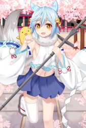 Rule 34 | 1girl, animal, asymmetrical legwear, azur lane, bell, bird, blue hair, blue skirt, brown eyes, chick, commentary request, day, detached sleeves, flower, fubuki (azur lane), fur collar, grey footwear, hair bell, hair between eyes, hair ornament, hair ribbon, holding, jingle bell, long sleeves, midriff, multiple tails, navel, outdoors, pink flower, pleated skirt, red ribbon, ribbon, shirt, single thighhigh, skirt, sleeveless, sleeveless shirt, solo, standing, standing on one leg, tail, tail raised, thighhighs, tree, tukino neru, two tails, uneven legwear, white shirt, white thighhighs, wide sleeves