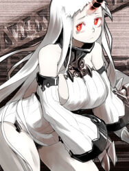 Rule 34 | 1girl, abyssal ship, breasts, character name, claws, closed mouth, colored skin, commentary request, detached sleeves, dress, horns, kantai collection, large breasts, long hair, oso (toolate), pale skin, red eyes, ribbed dress, seaport princess, short dress, single horn, solo, twitter username, very long hair, white dress, white hair, white skin