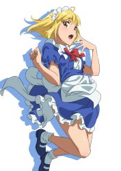 Rule 34 | 1girl, apron, blonde hair, blue dress, blue footwear, dress, frilled dress, frills, gyouza (mhea5724), highres, maid, maid headdress, mugetsu (touhou), open mouth, shoes, short hair, short sleeves, simple background, socks, solo, touhou, touhou (pc-98), white apron, white background, white socks, yellow eyes