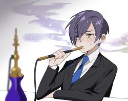 Rule 34 | 1boy, alternate universe, bad end, black jacket, blue necktie, collared shirt, highres, hookah, jacket, library of ruina, long sleeves, male focus, mu46016419, necktie, project moon, purple hair, shirt, simple background, smoke, solo, white background, white shirt, wing collar, yesod (project moon)