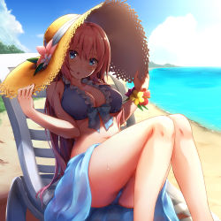 Rule 34 | 1girl, :o, ass, bare arms, bare legs, barefoot, beach, bikini, bit (keikou syrup), blue bikini, blue bow, blue eyes, blush, bow, breasts, brown hat, chair, cleavage, cloud, day, deck chair, feet out of frame, flower, flower bracelet, frilled bikini, frills, front-tie bikini top, front-tie top, hands on headwear, hat, hat flower, highres, knees up, large breasts, long hair, looking at viewer, lounge chair, lying, megurine luka, ocean, on back, open mouth, outdoors, pink flower, pink hair, solo, straw hat, sunlight, sweat, swimsuit, tareme, towel, very long hair, vocaloid, white flower