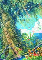 Rule 34 | 1boy, 1girl, bird, children of mana, colorful, copyright name, crane (animal), dutch angle, fern, ferrick, flamingo, forest, from behind, height difference, long hair, mana tree, nature, official art, official wallpaper, outdoors, plant, ponytail, poppen, scenery, seiken densetsu, square enix, tamber, tree, wallpaper, wanderer (children of mana)