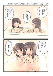 Rule 34 | 2girls, bath, bathing, bathtub, blush, brown eyes, brown hair, comic, eye contact, hachiko (hati12), hands on another&#039;s shoulders, hands on own knees, highres, indoors, long hair, looking at another, medium hair, multiple girls, nose blush, nude, open mouth, original, partially submerged, same-sex bathing, shared bathing, sitting, speech bubble, sweatdrop, talking, thought bubble, translated, yuri