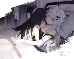 Rule 34 | 2girls, animal ears, arknights, bare arms, bare shoulders, bed, black nails, black tank top, blanket, chinese commentary, clothed female nude female, commentary request, female focus, grey eyes, hair between eyes, hair ornament, hairclip, highres, hug, lappland (arknights), lying, meng ziya, multiple girls, nail polish, nude, on back, pillow, scar, scar across eye, scar on face, silver hair, strap slip, tank top, texas (arknights), under covers, wolf ears, yuri
