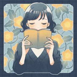 Rule 34 | 1girl, black border, black cardigan, black hair, blush, book, border, buttons, cardigan, closed eyes, commentary request, covered mouth, covering own mouth, dot nose, facing viewer, fingernails, floral background, flower, flower (symbol), grid, halftone, hands up, highres, holding, holding book, long sleeves, nahara saki, open book, original, short hair, solo, upper body, wavy hair, yellow flower