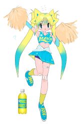 Rule 34 | 1girl, absurdres, aqua eyes, aqua hair, arm up, blonde hair, bow-shaped hair, crop top, floating, full body, gloves, gradient hair, hair between eyes, hand up, highres, knee up, long hair, match (drink), maymay pic, midriff, multicolored hair, navel, open mouth, original, personification, photo inset, pom pom (cheerleading), shoes, sidelocks, simple background, skirt, sneakers, socks, solo, twintails, very long hair, white background