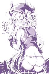 Rule 34 | 1girl, abyssal ship, ass, blush, cabbie hat, commentary request, cropped shirt, destroyer princess, flying sweatdrops, from behind, hat, highres, horns, kantai collection, looking at viewer, looking back, monochrome, panties, sailor collar, shirt, side ponytail, sleeveless, sleeveless shirt, solo, sumisu (mondo), sweatdrop, underwear, v-shaped eyebrows