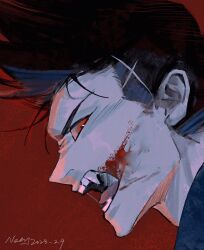 Rule 34 | 1boy, artist name, barou shouei, black hair, blood, blood on face, blue lock, dated, fangs, highres, male focus, noey nuoyi, open mouth, pompadour, portrait, profile, red background, red eyes, solo