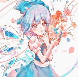 Rule 34 | 1girl, blouse, blue bow, blue dress, blue eyes, blue flower, blue hair, blue ribbon, blush, bouquet, bow, cirno, collared shirt, commentary, dress, flower, hair bow, hands up, highres, holding, holding bouquet, ice, ice wings, looking at viewer, medium hair, neck ribbon, parted lips, pink flower, puffy short sleeves, puffy sleeves, red ribbon, ribbon, rinne030, shirt, short sleeves, smile, solo, touhou, upper body, white flower, white shirt, wings