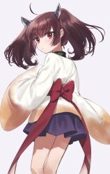 Rule 34 | 1girl, ahoge, blade, bow, brown hair, closed mouth, commentary request, expressionless, feet out of frame, floating hair, from behind, hand on own chest, headgear, highres, japanese clothes, kimono, long sleeves, looking at viewer, looking back, medium hair, miniskirt, obi, obijime, purple skirt, red bow, red eyes, sash, short kimono, simple background, skirt, solo, touhoku kiritan, twintails, voiceroid, waist bow, white background, white kimono, wide sleeves, yoshino ns