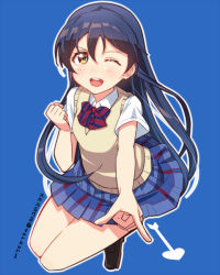 Rule 34 | 1girl, arrow (projectile), blue background, blue hair, blush, commentary request, full body, hair between eyes, long hair, looking at viewer, love live!, love live! school idol project, one eye closed, open mouth, otonokizaka school uniform, school uniform, simple background, skull573, solo, sonoda umi, yellow eyes