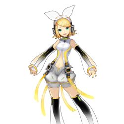 Rule 34 | 1girl, aqua eyes, artist request, blonde hair, bow, detached sleeves, headphones, highres, kagamine rin, kagamine rin (append), open mouth, short hair, shorts, smile, solo, transparent background, uchi no hime-sama ga ichiban kawaii, vocaloid, vocaloid append