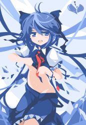 Rule 34 | 1girl, belly, blue eyes, blue hair, bow, breasts, cirno, groin, ideolo, matching hair/eyes, navel, short hair, small breasts, solo, embodiment of scarlet devil, touhou, underboob, wings