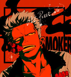 Rule 34 | 1boy, black eyes, character name, cigar, commentary request, facial hair, highres, larugo0513, male focus, mouth hold, one piece, open mouth, short hair, smoker (one piece), solo, teeth, white hair