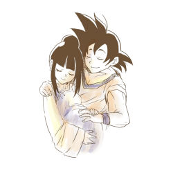 Rule 34 | 1boy, 1girl, black hair, chi-chi (dragon ball), china dress, chinese clothes, dragon ball, dragonball z, dress, happy, husband and wife, ponytail, pregnant, short hair, simple background, smile, son goku, spiked hair
