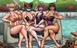 Rule 34 | 4girls, abs, alternate breast size, alternate costume, barefoot, batman (series), bikini, black hair, blonde hair, boku no hero academia, breasts, castleart, chair, closed eyes, coconut, couch, crazy, crazy eyes, crazy smile, crossover, cup, danganronpa (series), dc comics, drinking glass, drinking straw, eyemask, fangs, feet, fukawa toko, genocider shou, glasses, harley quinn, hat, huge breasts, knife, large breasts, lipstick, long tongue, makeup, mask, mileena (mortal kombat), mortal kombat (series), multiple girls, muscular, muscular female, open mouth, pool, purple hair, scissors, smile, swimsuit, toga himiko, tongue, tree, umbrella, v, water, wine glass