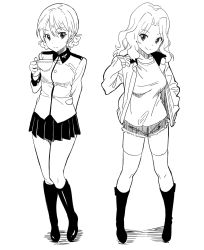 Rule 34 | 10s, 2girls, arm behind back, bomber jacket, boots, braid, breasts, cup, darjeeling (girls und panzer), french braid, girls und panzer, greyscale, hair between eyes, hair intakes, hand in pocket, highres, jacket, kay (girls und panzer), knee boots, long hair, medium breasts, military jacket, monochrome, multiple girls, rato, saunders school uniform, school uniform, short shorts, shorts, skirt, sleeves past wrists, smile, st. gloriana&#039;s military uniform, standing, swept bangs, teacup, thighhighs, thighs, white background