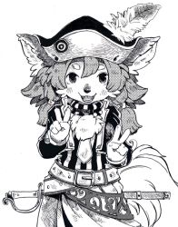 Rule 34 | androgynous, double v, furry, gender request, hat, koucha inu, looking at viewer, monochrome, open mouth, simple background, smile, solo, sword, v, weapon, white background
