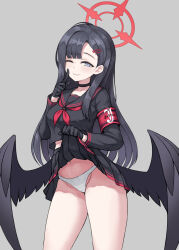 Rule 34 | 1girl, armband, black choker, black gloves, black hair, black sailor collar, black serafuku, black skirt, black wings, blue archive, breasts, choker, clothes lift, feathered wings, gloves, hair ornament, hairclip, halo, highres, ichika (blue archive), lifting own clothes, long sleeves, low wings, medium breasts, miniskirt, neckerchief, one eye closed, panties, pleated skirt, poorgom, red armband, red halo, red neckerchief, safety pin, sailor collar, school uniform, serafuku, skirt, skirt lift, smile, solo, underwear, white panties, wings