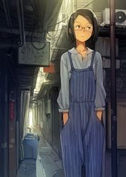 Rule 34 | 1girl, black hair, blue eyes, closed mouth, collarbone, day, glasses, hands in pockets, highres, looking away, original, outdoors, short hair, solo, trash can, yoshida seiji