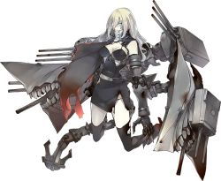 Rule 34 | 1girl, abyssal ship, anchor, cape, claws, european water princess, fangs, full body, gauntlets, green eyes, kantai collection, kneeling, konishi (koconatu), long hair, machinery, mechanical arms, official art, single mechanical arm, solo, thighhighs, torn clothes, transparent background, turret, white hair
