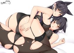 Rule 34 | 2girls, animal ear fluff, animal ears, ass, atago (azur lane), azur lane, bare arms, bare shoulders, black bra, black legwear, black panties, blush, bow, bra, breast press, breasts, closed mouth, commentary request, curvy, dated, embarrassed, flower, fox ears, garter straps, girl on top, hair bow, hair flower, hair ornament, hair ribbon, hand on own ass, hip focus, huge ass, human stacking, large breasts, legs, long hair, looking at viewer, looking back, lying, mole, mole under eye, multiple girls, on back, open mouth, panties, pantyhose, ponytail, ppshex, pussy on pussy, revision, ribbon, shiny skin, signature, smile, spread legs, takao (azur lane), take your pick, thick thighs, thighs, torn clothes, torn legwear, underwear, white background, white bow, white ribbon, wide hips