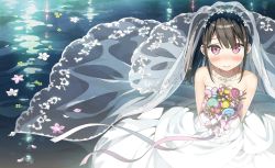 Rule 34 | 1girl, 3:, bare shoulders, black hair, blush, bouquet, breasts, bridal veil, bride, closed mouth, collarbone, dress, elbow gloves, flower, from above, gloves, hair ribbon, highres, holding, holding bouquet, jewelry, kantoku, long hair, looking at viewer, necklace, necktie, original, plaid, purple eyes, ribbon, shizuku (kantoku), side ponytail, sidelocks, small breasts, smile, solo, strapless, strapless dress, tsurime, veil, water, wedding dress, white dress, white gloves