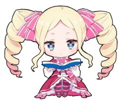 Rule 34 | 1girl, :&lt;, beatrice (re:zero), blonde hair, blue eyes, blush, book, bow, butterfly-shaped pupils, chibi, closed mouth, dress, drill hair, forehead, hair bow, holding, holding book, long sleeves, looking at viewer, lowres, melings (aot2846), open book, pantyhose, parted bangs, pink bow, re:zero kara hajimeru isekai seikatsu, red dress, short eyebrows, solo, striped bow, striped clothes, striped pantyhose, symbol-shaped pupils, thick eyebrows, twin drills, twintails