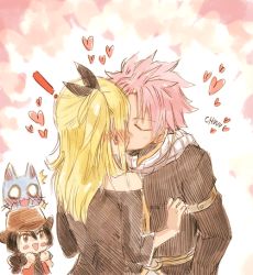 Rule 34 | 1boy, 2girls, asuka connell, black hair, cowboy hat, fairy tail, happy (fairy tail), hat, kiss, lucy heartfilia, multiple girls, natsu dragneel, rusky